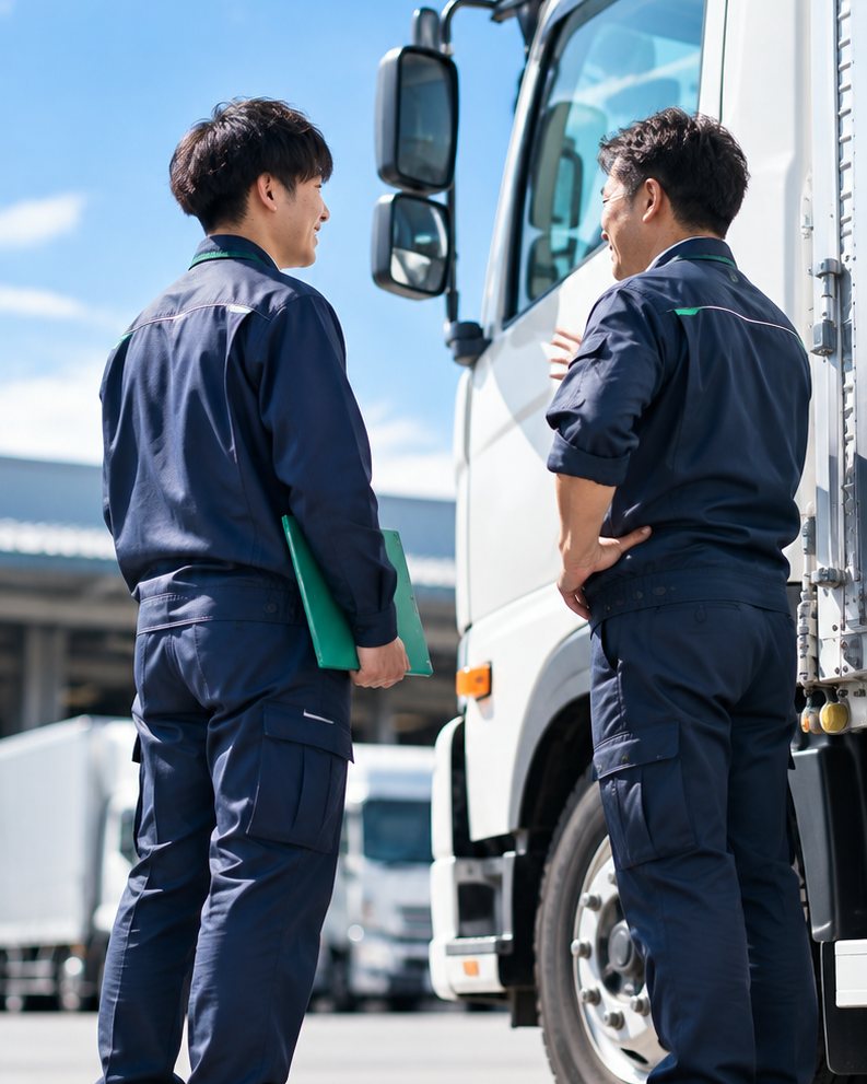 トラックの前で先輩ドライバーと話す新人