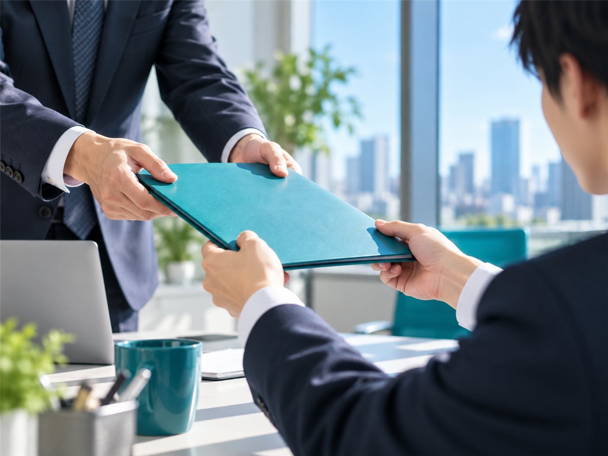 先輩とハイタッチする新人営業の手元