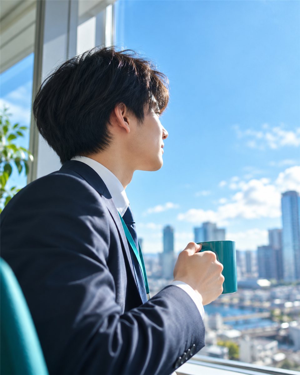 青空を背に遠くを見つめる新人営業