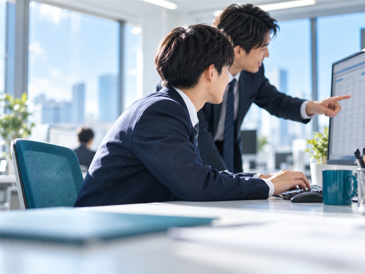 先輩に教わりながらパソコンで入力する新人