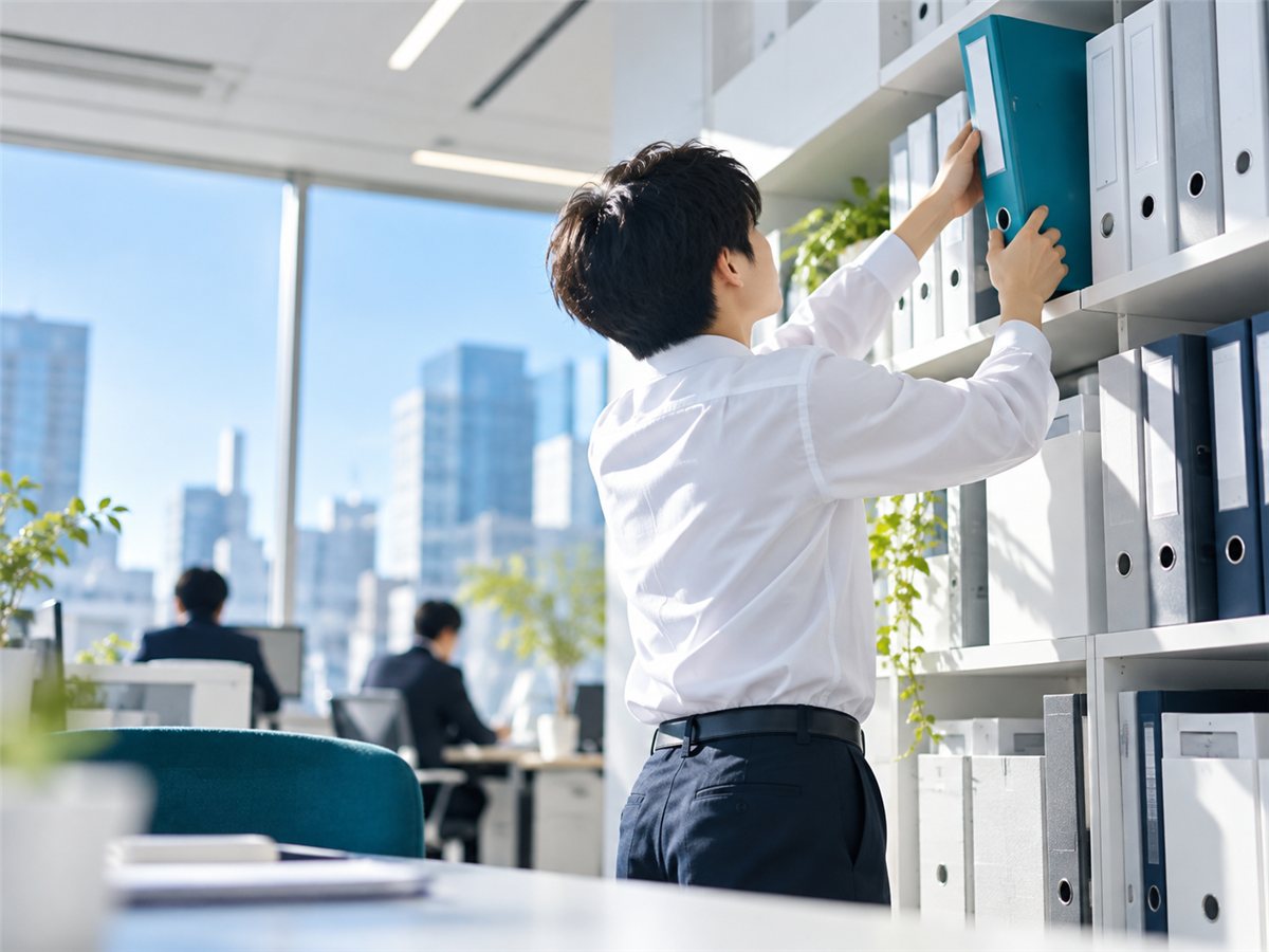 ファイルを棚に整理する新人